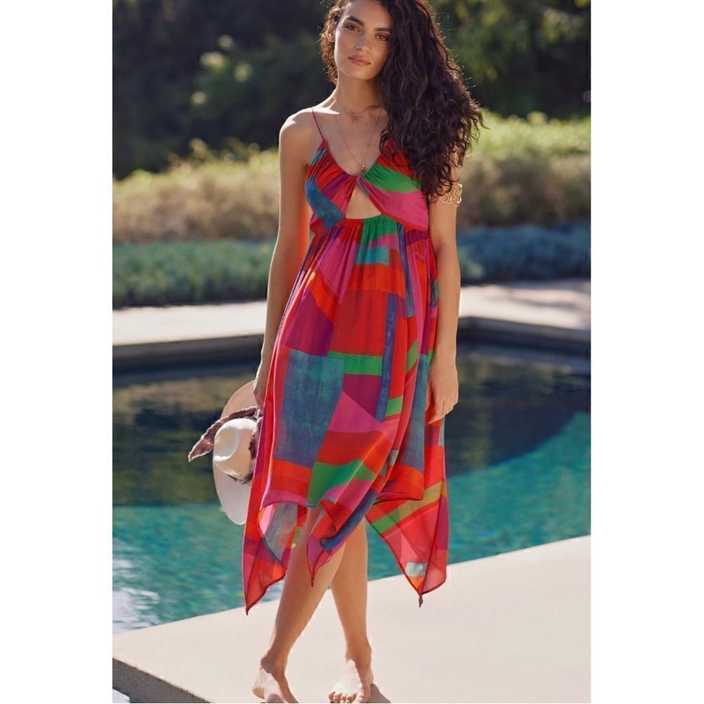 NEW Anthropologie Alani V-Neck Cut-Out Asymmetrical Maxi Swim Cover-Up Large